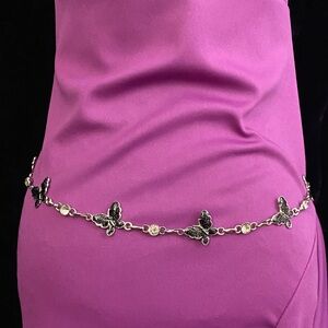 Black and silver tone butterfly chain belt with rhinestone details #278